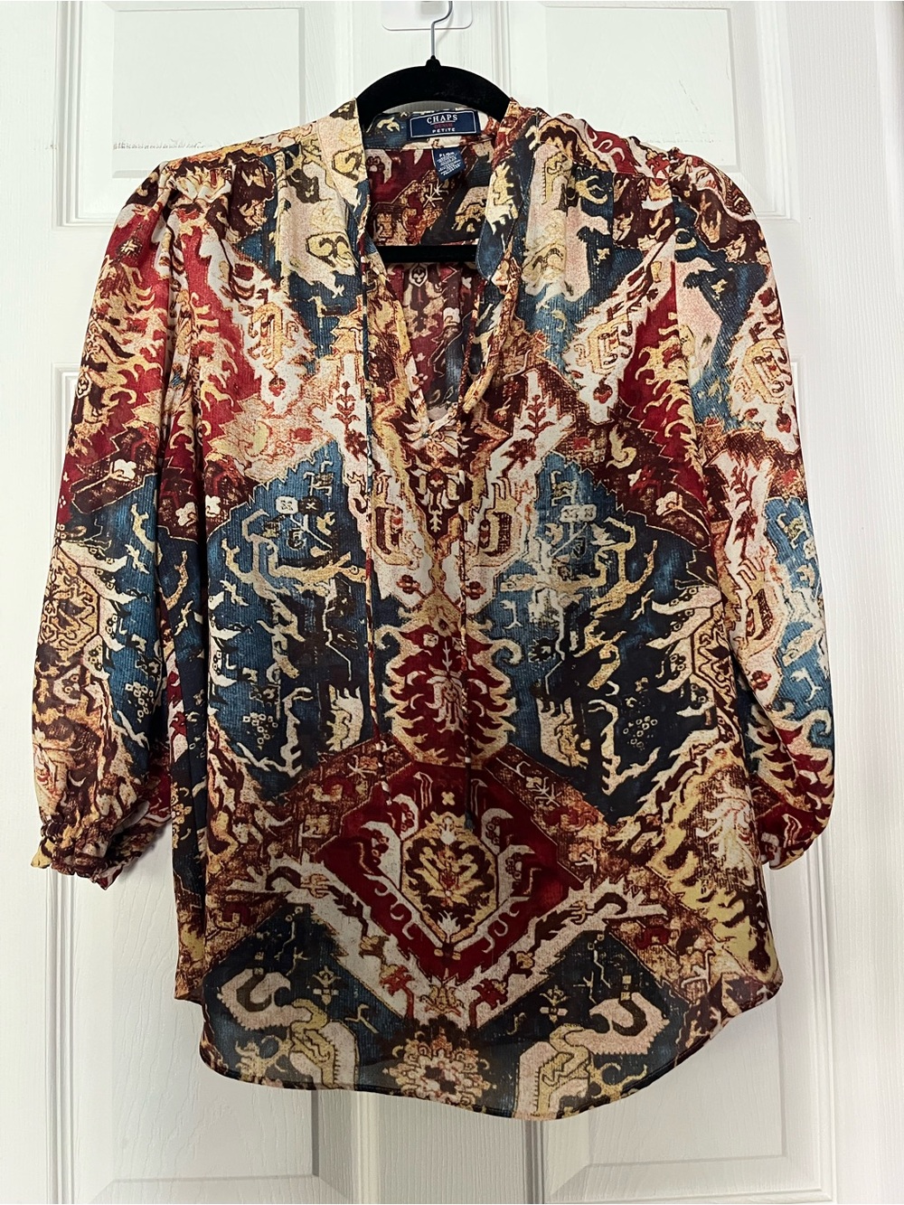 Chaps Multi-Color Printed V-Neck Blouse with Puff Sleeves
